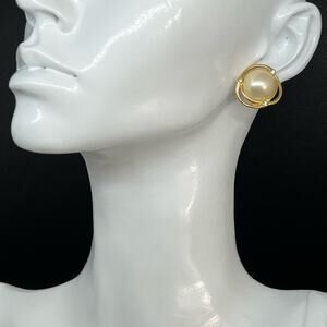 MONET Gold Tone Simulated Pearl Button Stud Earrings Classic Preppy